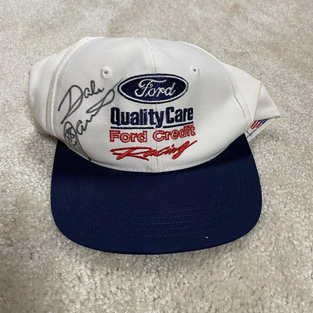 VTG Dale Jarrett Ford Hat Cap Snap Back Mens White NASCAR Trucker Autographed